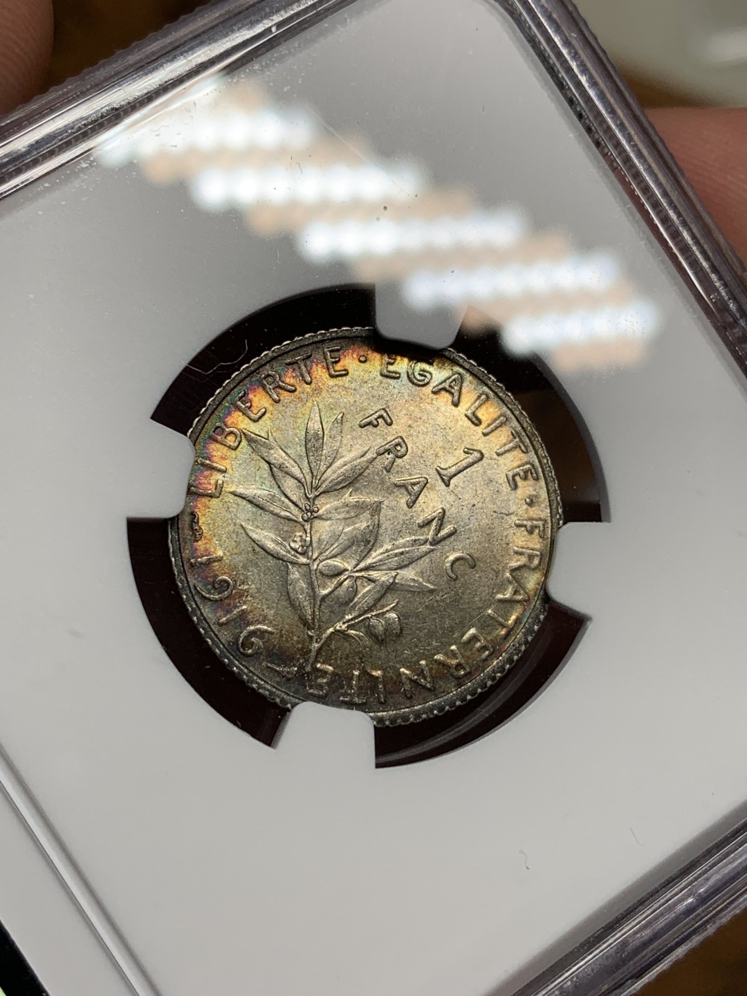 《竞宝斋》第67场-本周日，周一，周四.3场连拍（全场不限金额包邮） （3枚一起）NGC MS61,AU58,XF45分各一枚 法国 早期 1法郎 银币 早期老包浆 状态很不错