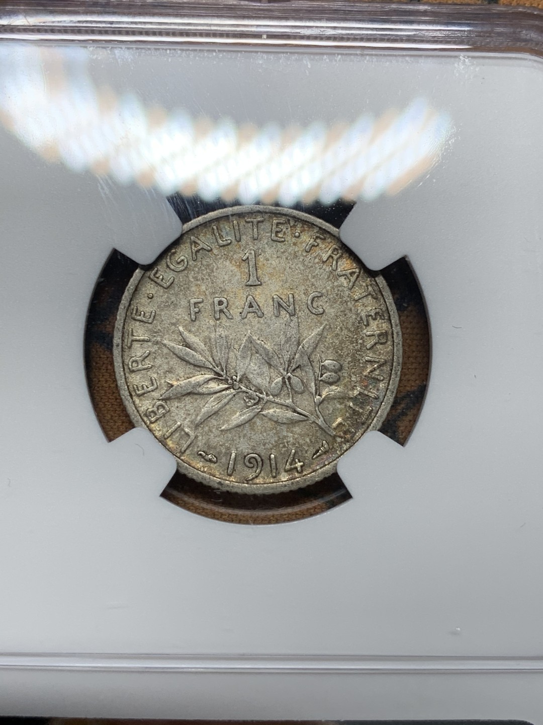 《竞宝斋》第67场-本周日，周一，周四.3场连拍（全场不限金额包邮） （3枚一起）NGC MS61,AU58,XF45分各一枚 法国 早期 1法郎 银币 早期老包浆 状态很不错