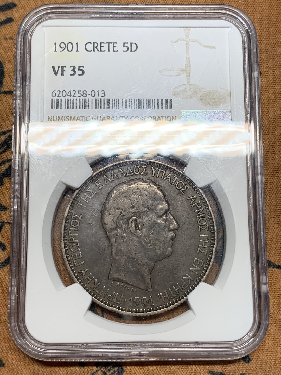 《竞宝斋》第67场-本周日，周一，周四.3场连拍（全场不限金额包邮） NGC VF35 希腊克里特岛1901年5德拉克马大银币少见品种老包浆