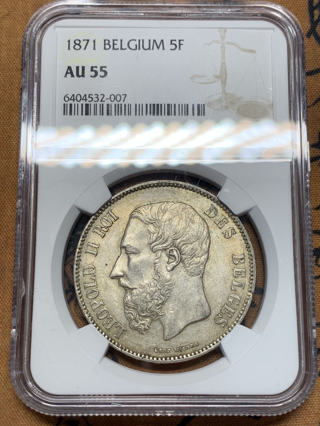 《竞宝斋》第67场-本周日，周一，周四.3场连拍（全场不限金额包邮） NGC-AU55 比利时 1871年 利奥波得二世 5法郎 大银币 好品带光