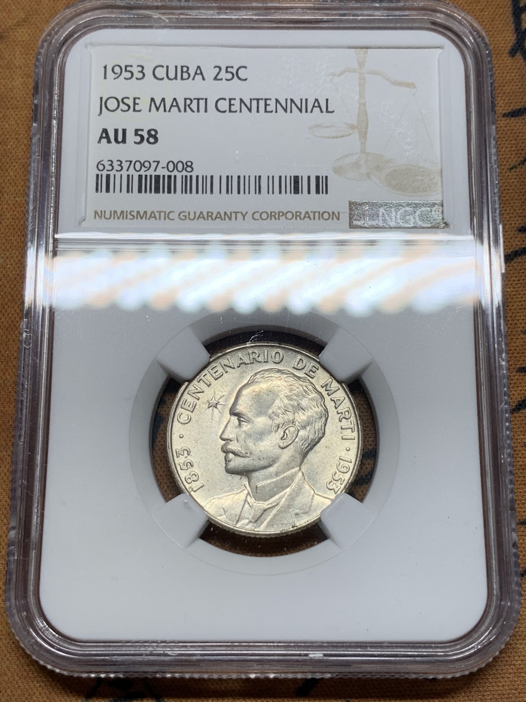 《竞宝斋》第67场-本周日，周一，周四.3场连拍（全场不限金额包邮） NGC-AU58 古巴 1953年 马丁百年纪念 25分 原光好品银币 
