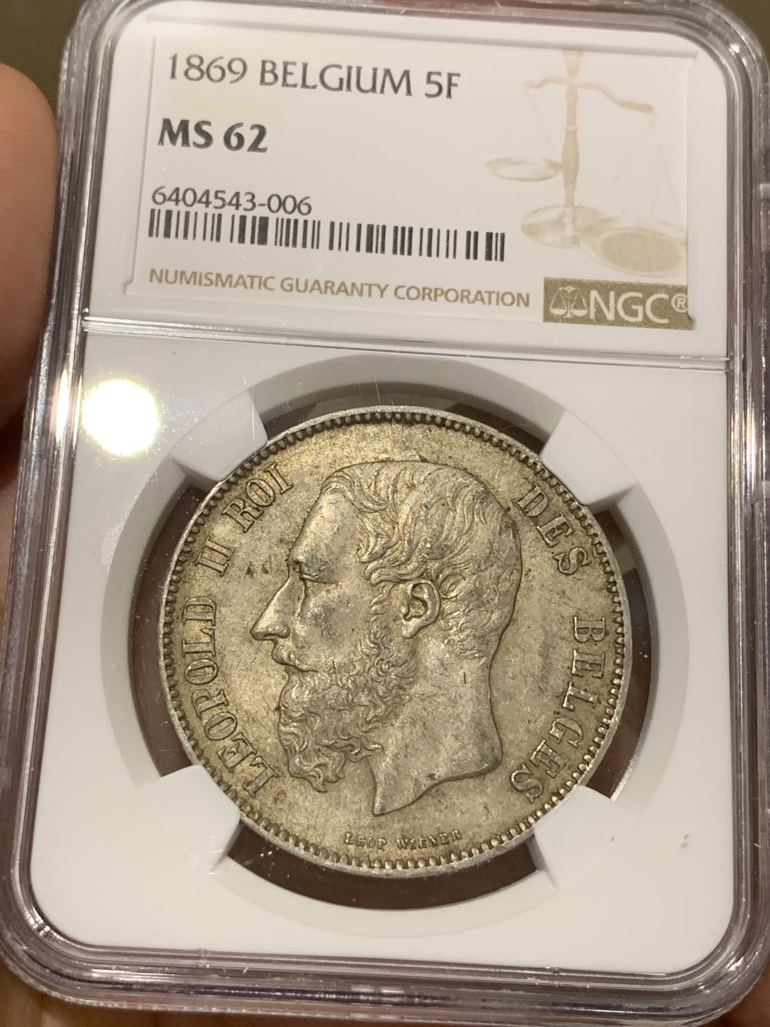 《竞宝斋》第67场-本周日，周一，周四.3场连拍（全场不限金额包邮） NGC-MS62 比利时 1869年 利奥波得二世 5法郎大银币 原味好品 算是比较早的年份 难得