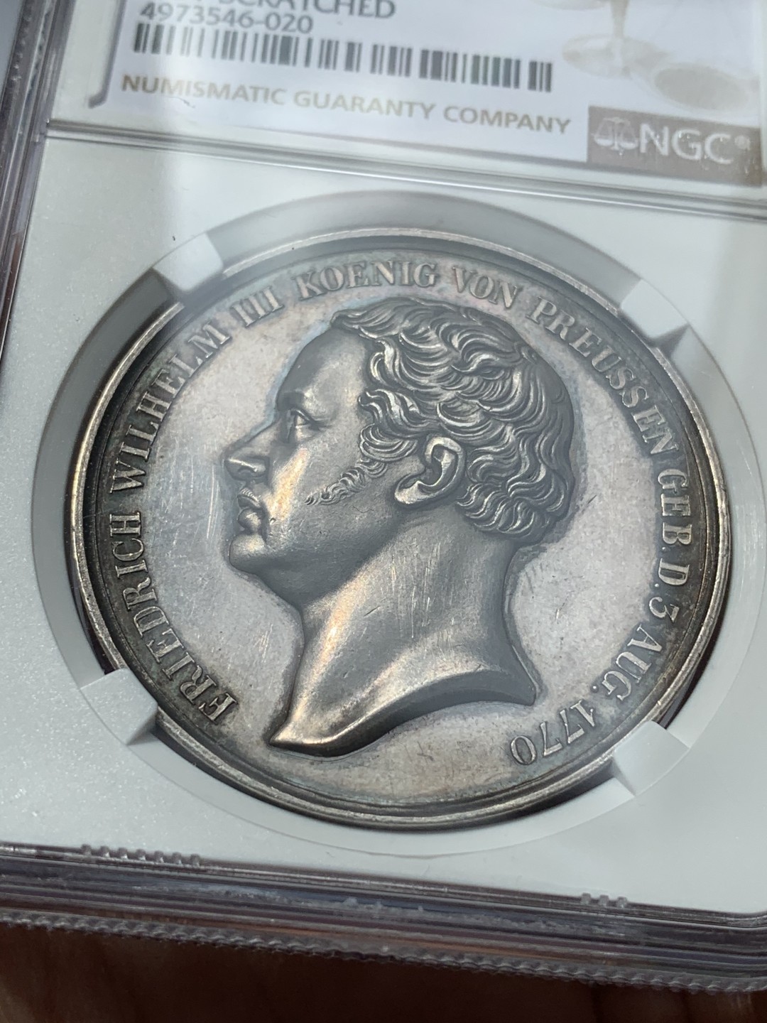 《竞宝斋》第67场-本周日，周一，周四.3场连拍（全场不限金额包邮） NGC UNCD  德国1840年 普鲁士威廉三世逝世高浮雕大银章LOOS名家雕刻，41mm 28g