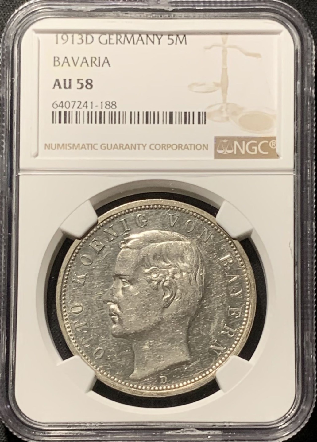 紫瑗钱币——第324期拍卖 德国 巴伐利亚 1913年 奥拓国王 5马克 银币 NGC AU58