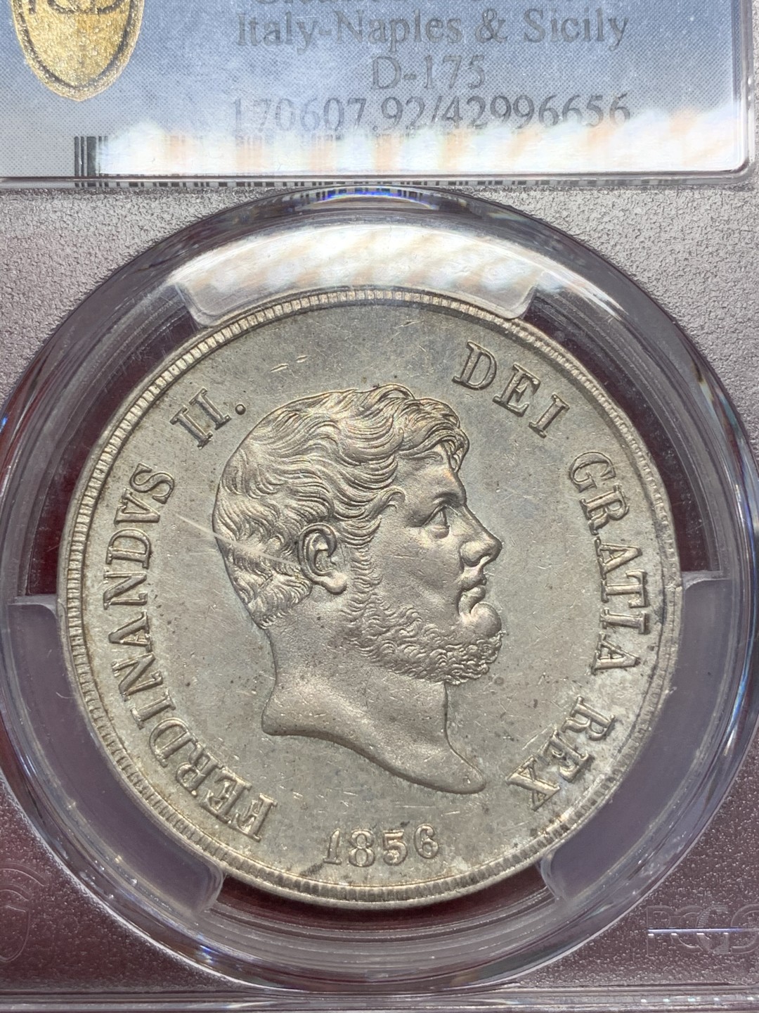 《竞宝斋》第67场-本周日，周一，周四.3场连拍（全场不限金额包邮） PCGS AU 意大利 1856年 那不勒斯 120G 银币  实物状态好 减重痕迹轻微 全深打干干净净