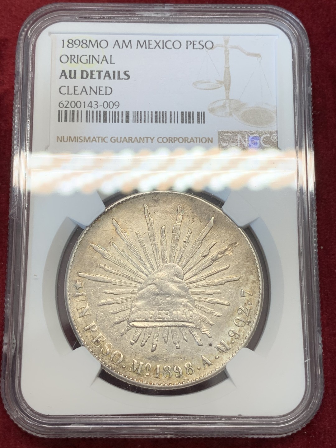 《竞宝斋》第67场-本周日，周一，周四.3场连拍（全场不限金额包邮） NGC AU细节评级 墨西哥 1898年 直边 鹰洋 银币 Original版 带包浆 很不错