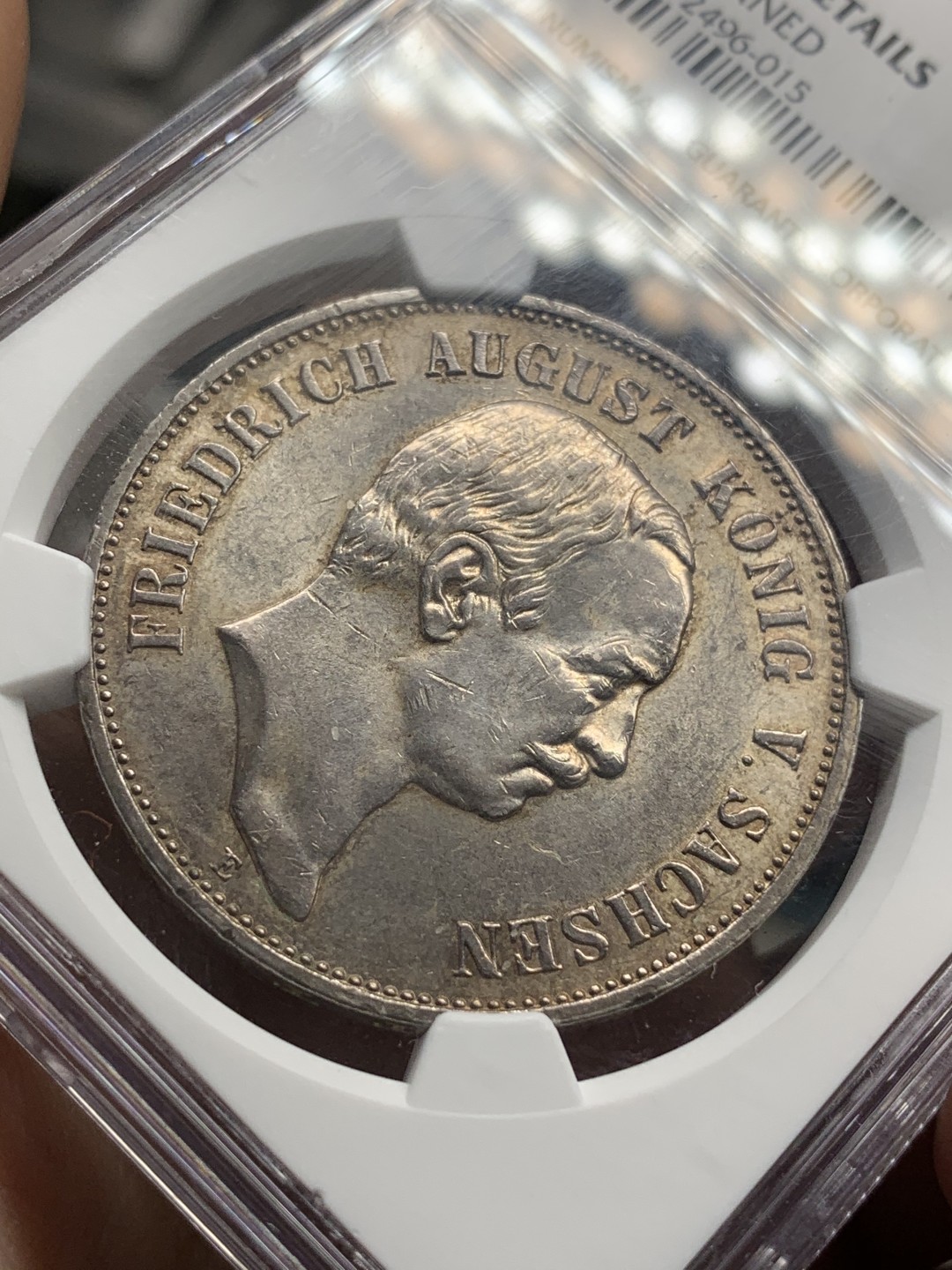 《竞宝斋》第67场-本周日，周一，周四.3场连拍（全场不限金额包邮） NGC UNC 德国 1914年 萨克森 5马克 银币 双面淡彩包浆 细节很不错