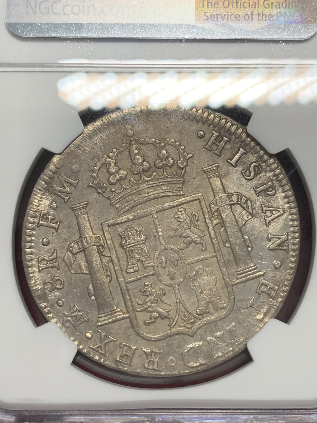 《竞宝斋》第67场-本周日，周一，周四.3场连拍（全场不限金额包邮） NGC UNC细节评级 墨西哥 1797年 卡四双柱 8R银币 打制的很不错 细节见图