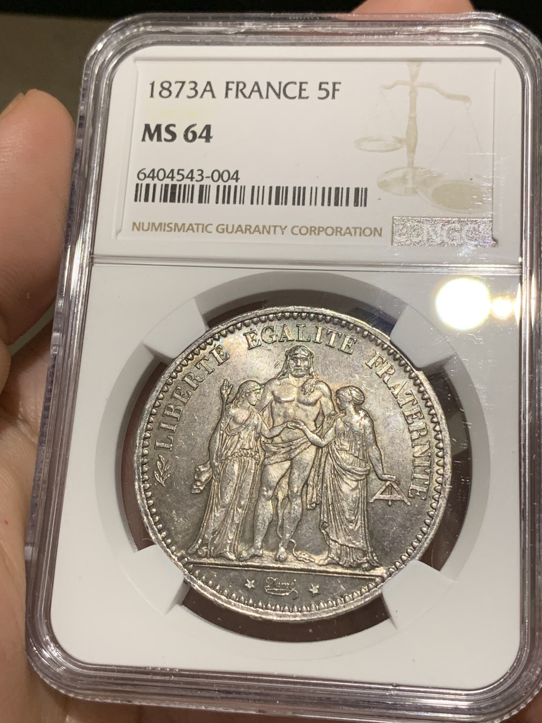 《竞宝斋》第67场-本周日，周一，周四.3场连拍（全场不限金额包邮） NGC-MS64 法国1873年 大力神 5法郎大银币 顶级品相了 卖一粒少一粒