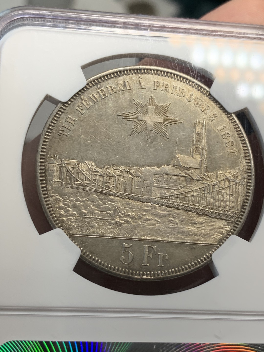 《竞宝斋》第67场-本周日，周一，周四.3场连拍（全场不限金额包邮） NGC AU58 瑞士1881年弗赖堡城市景观5法郎银币