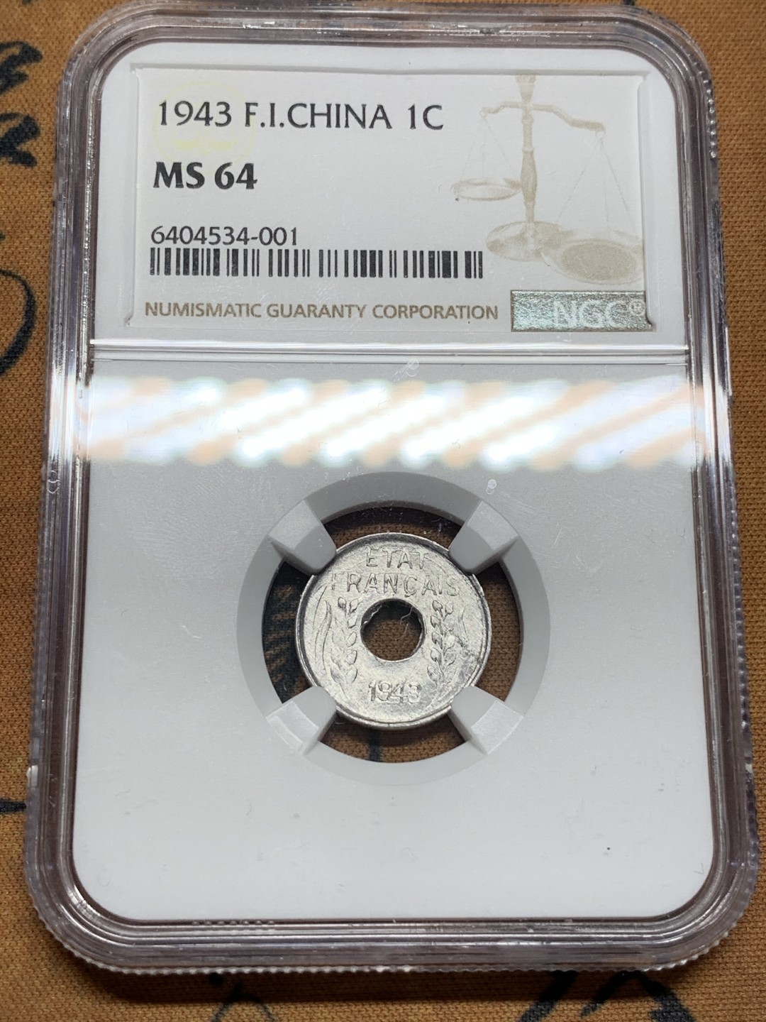 《竞宝斋》第67场-本周日，周一，周四.3场连拍（全场不限金额包邮） NGC-MS64 法国印度支那 1943年 1分 铝币 也是属于坐洋系列晚期的一个辅币
