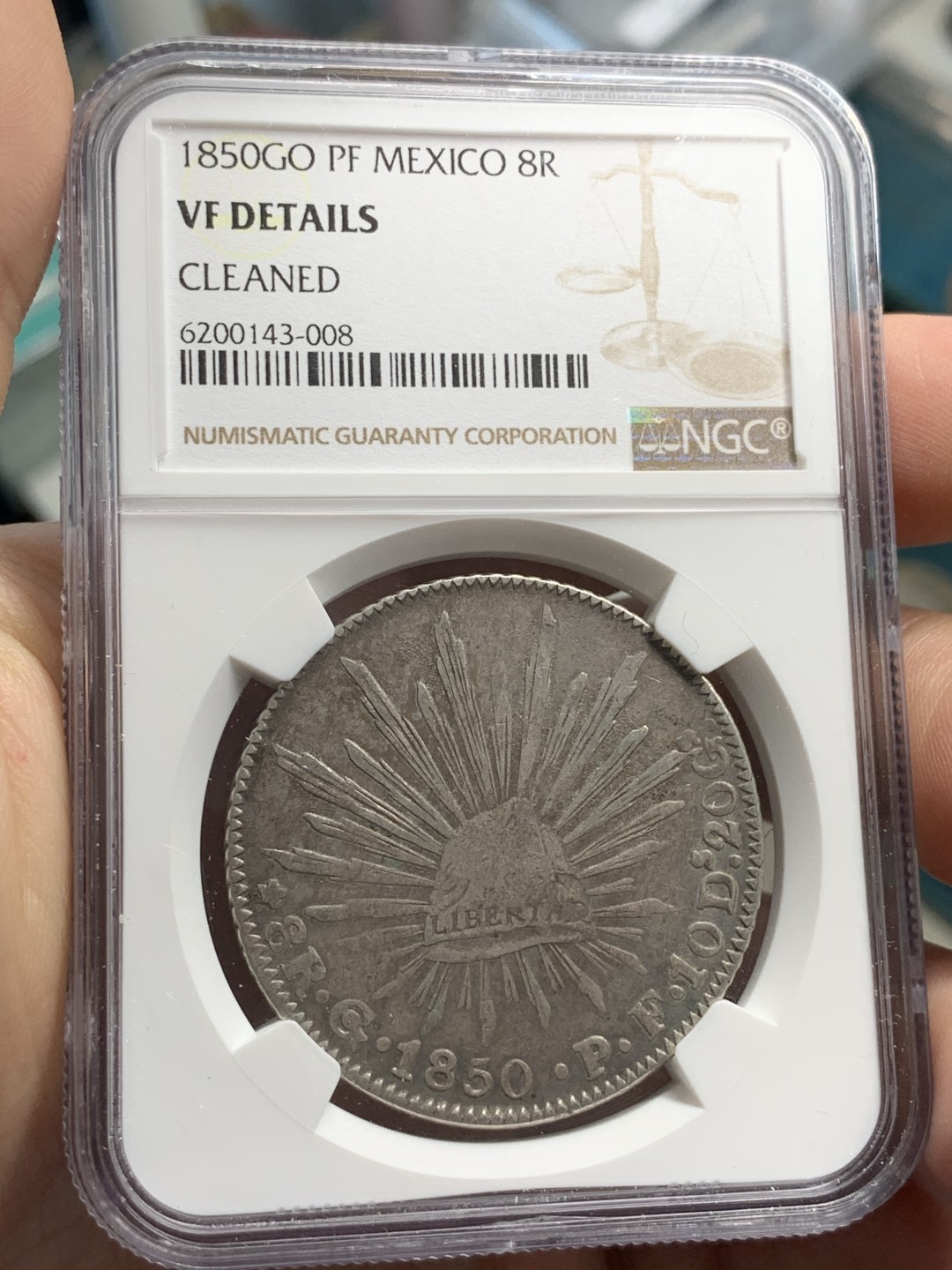 《竞宝斋》第67场-本周日，周一，周四.3场连拍（全场不限金额包邮） NGC VF 细节评级 墨西哥 1850年 早期 花边鹰洋 状态不错