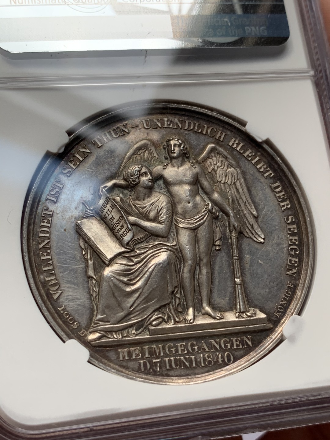 《竞宝斋》第67场-本周日，周一，周四.3场连拍（全场不限金额包邮） NGC UNCD  德国1840年 普鲁士威廉三世逝世高浮雕大银章LOOS名家雕刻，41mm 28g