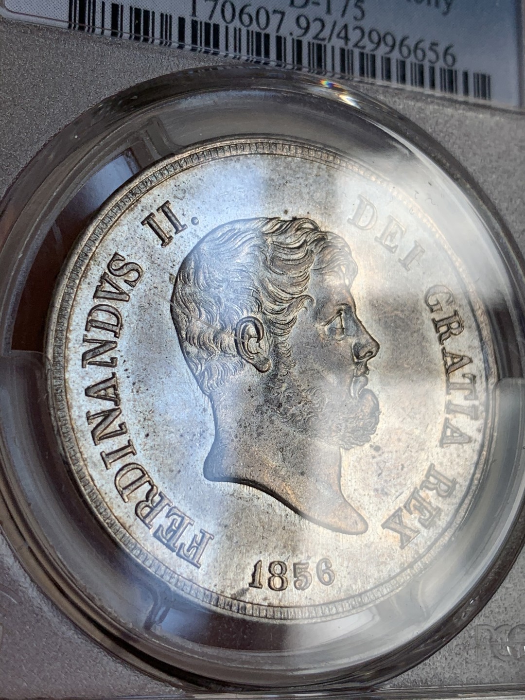 《竞宝斋》第67场-本周日，周一，周四.3场连拍（全场不限金额包邮） PCGS AU 意大利 1856年 那不勒斯 120G 银币  实物状态好 减重痕迹轻微 全深打干干净净