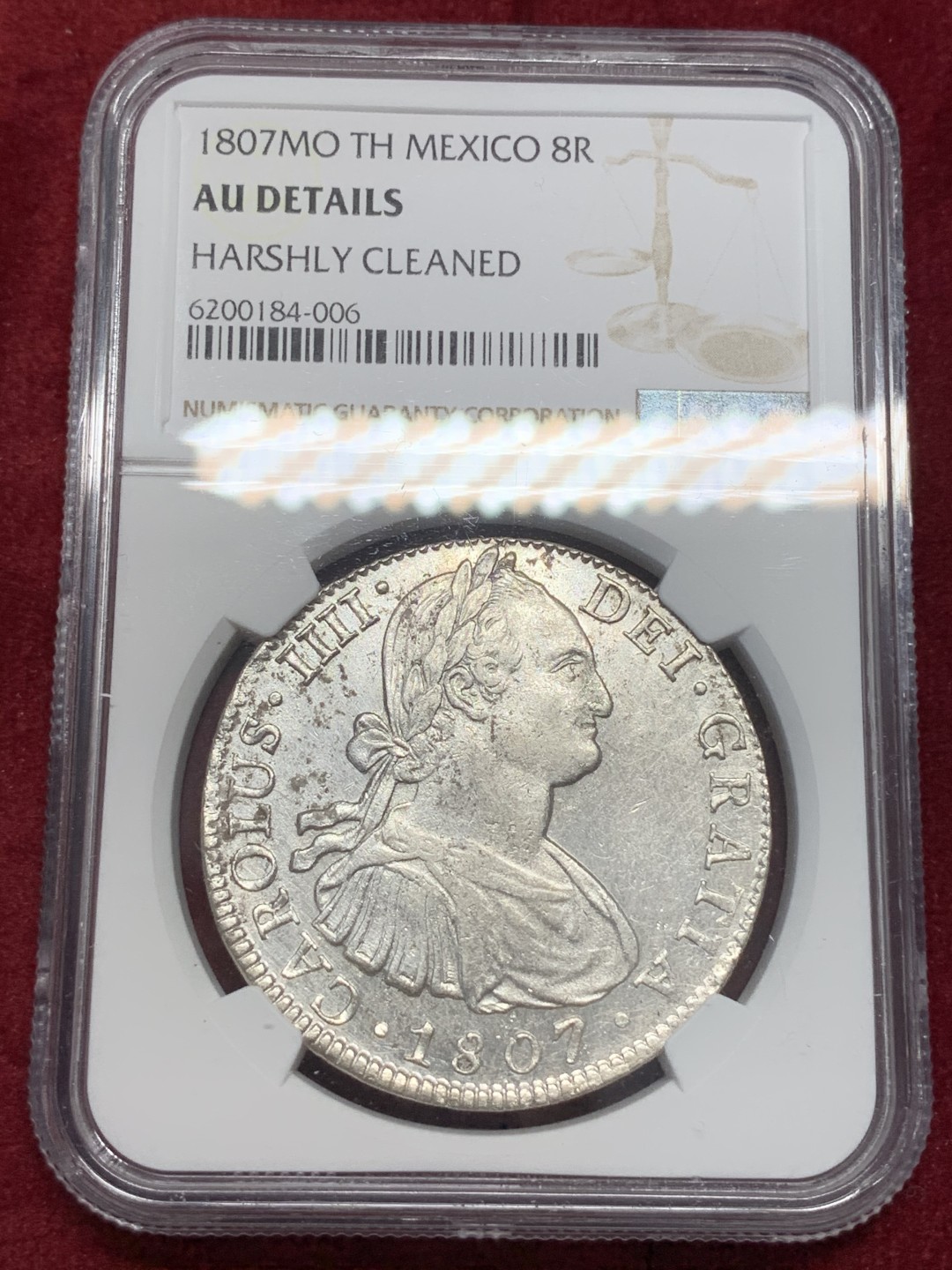 《竞宝斋》第67场-本周日，周一，周四.3场连拍（全场不限金额包邮） NGC-AUD 墨西哥双柱 卡洛斯四世 1807年  8里亚尔 银币双面深打 银光很不错