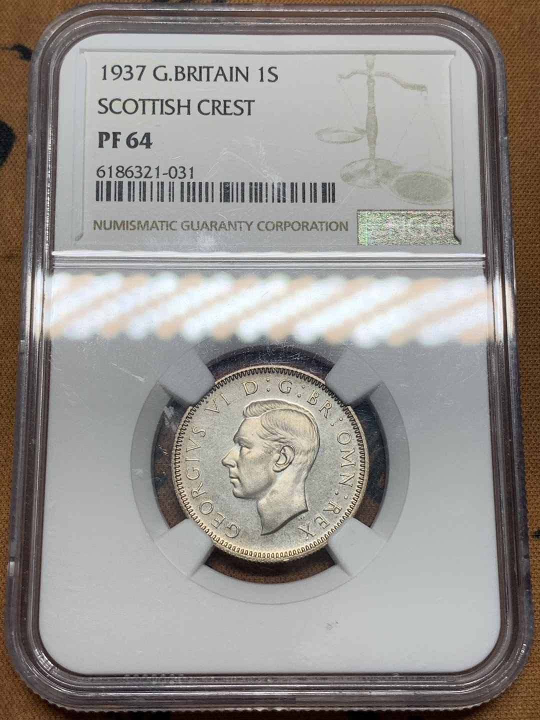 《竞宝斋》第67场-本周日，周一，周四.3场连拍（全场不限金额包邮） NGC-PF64 英国 1937年 乔治六世一先令银币，原光好品相
