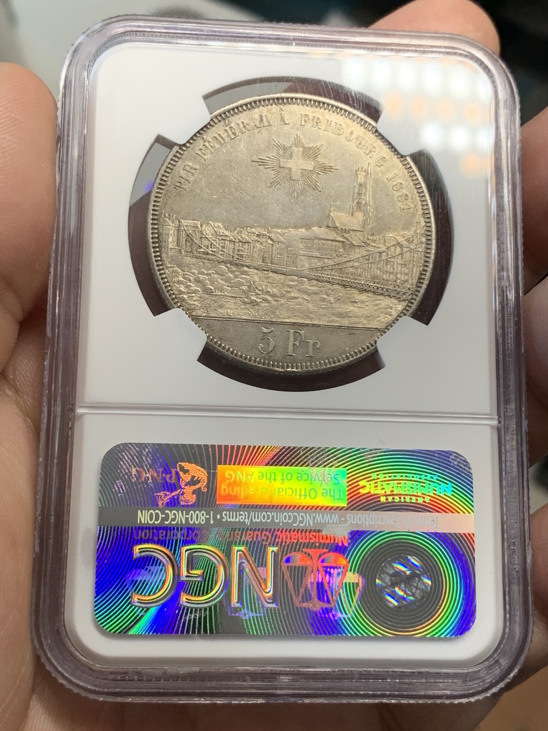 《竞宝斋》第67场-本周日，周一，周四.3场连拍（全场不限金额包邮） NGC AU58 瑞士1881年弗赖堡城市景观5法郎银币