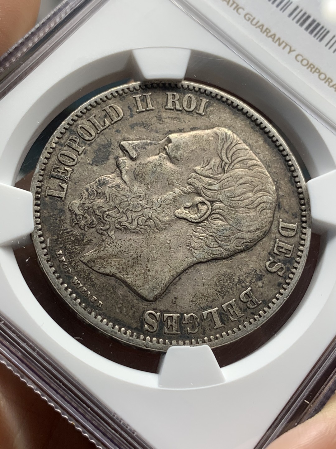 《竞宝斋》第67场-本周日，周一，周四.3场连拍（全场不限金额包邮） NGC AU50 比利时 1868年利奥波德二世五法郎银币 老包浆好品相