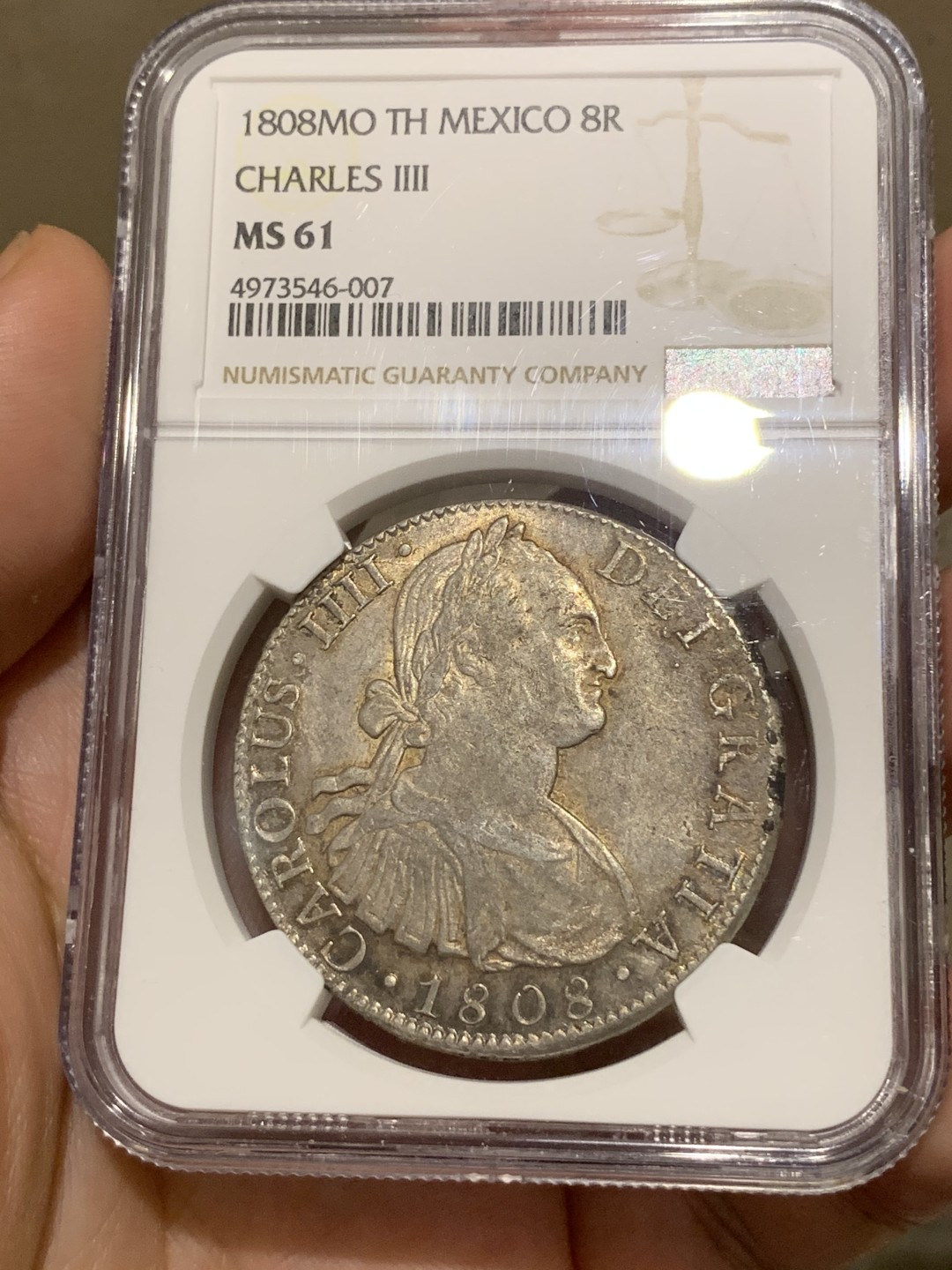 《竞宝斋》第67场-本周日，周一，周四.3场连拍（全场不限金额包邮） NGC-MS61 墨西哥 1808年 卡四双柱 8R大银币原味带彩 细节很不错