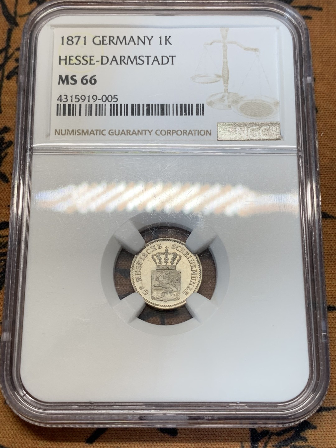 《竞宝斋》第67场-本周日，周一，周四.3场连拍（全场不限金额包邮） NGC-MS66德国1871年黑森1K小银币