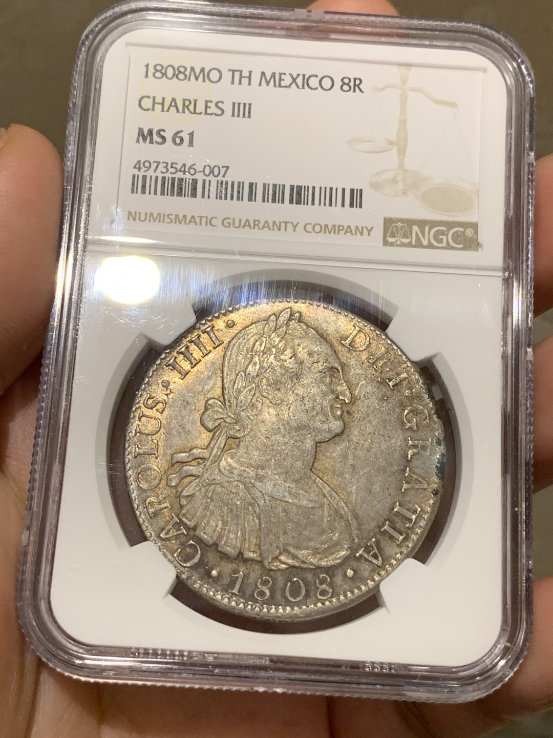 《竞宝斋》第67场-本周日，周一，周四.3场连拍（全场不限金额包邮） NGC-MS61 墨西哥 1808年 卡四双柱 8R大银币原味带彩 细节很不错