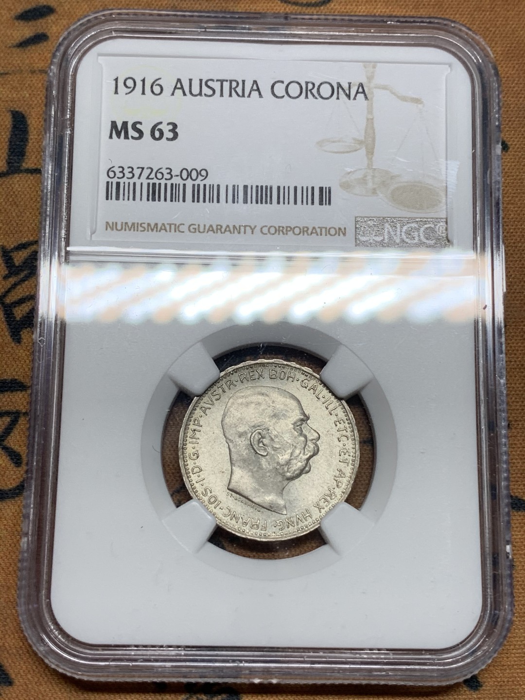 《竞宝斋》第67场-本周日，周一，周四.3场连拍（全场不限金额包邮） NGC-MS63 奥地利 1916年 佛兰茨约瑟夫 1克朗银币 漂亮的车轮光