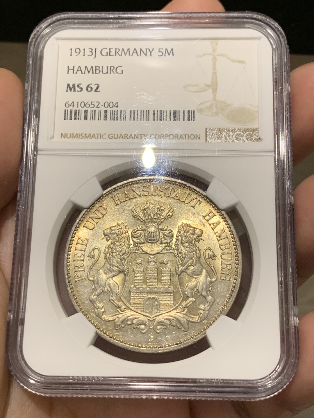 《竞宝斋》第67场-本周日，周一，周四.3场连拍（全场不限金额包邮） NGC MS62 德国 1913年 汉堡 5马克 银币 淡彩金光 非常舒服的状态 上涨品种
