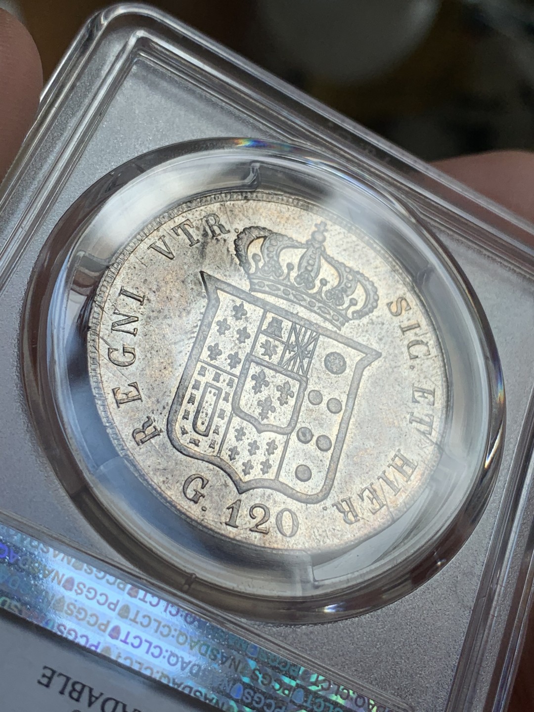 《竞宝斋》第67场-本周日，周一，周四.3场连拍（全场不限金额包邮） PCGS AU 意大利 1856年 那不勒斯 120G 银币  实物状态好 减重痕迹轻微 全深打干干净净