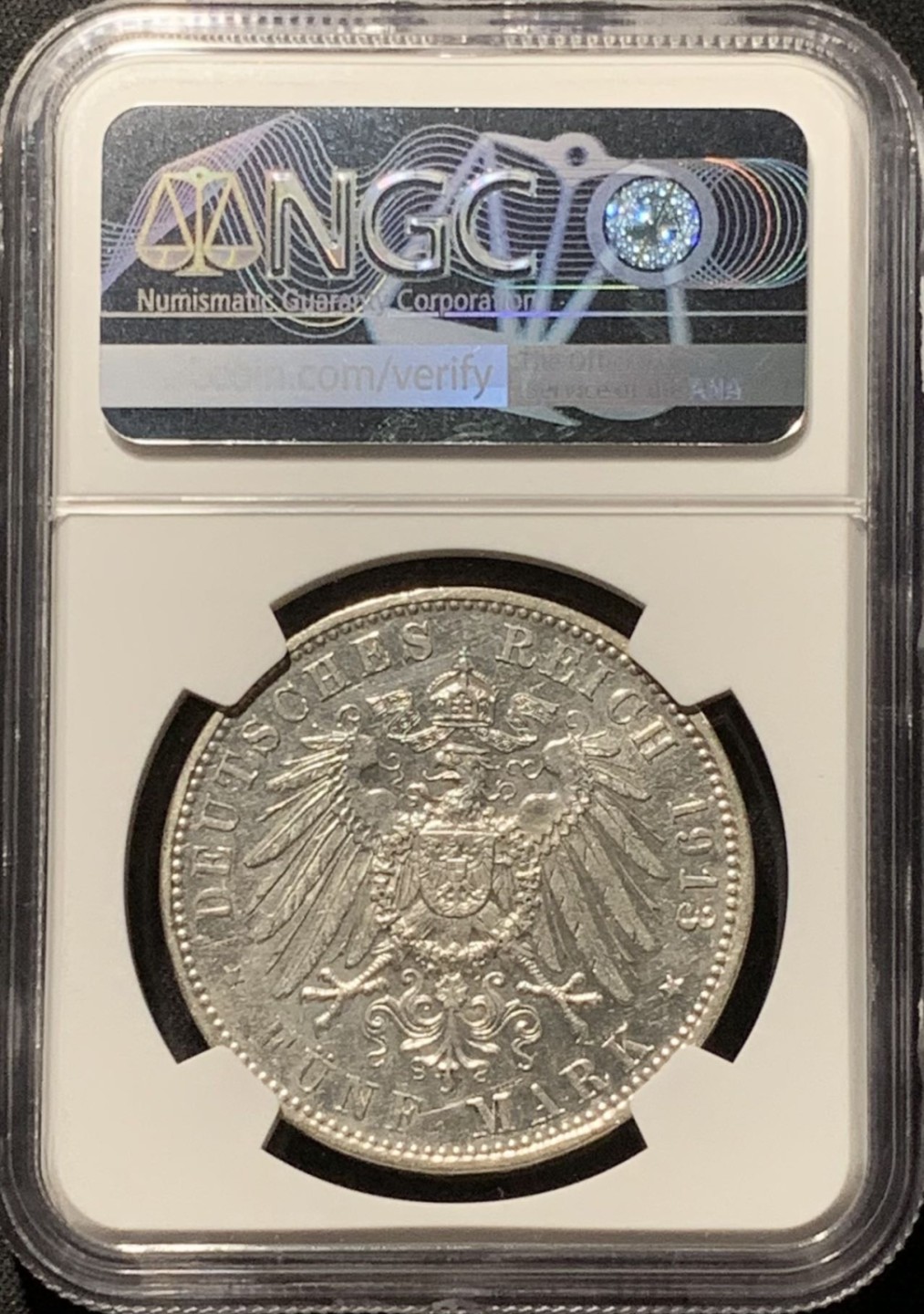 紫瑗钱币——第324期拍卖 德国 巴伐利亚 1913年 奥拓国王 5马克 银币 NGC AU58