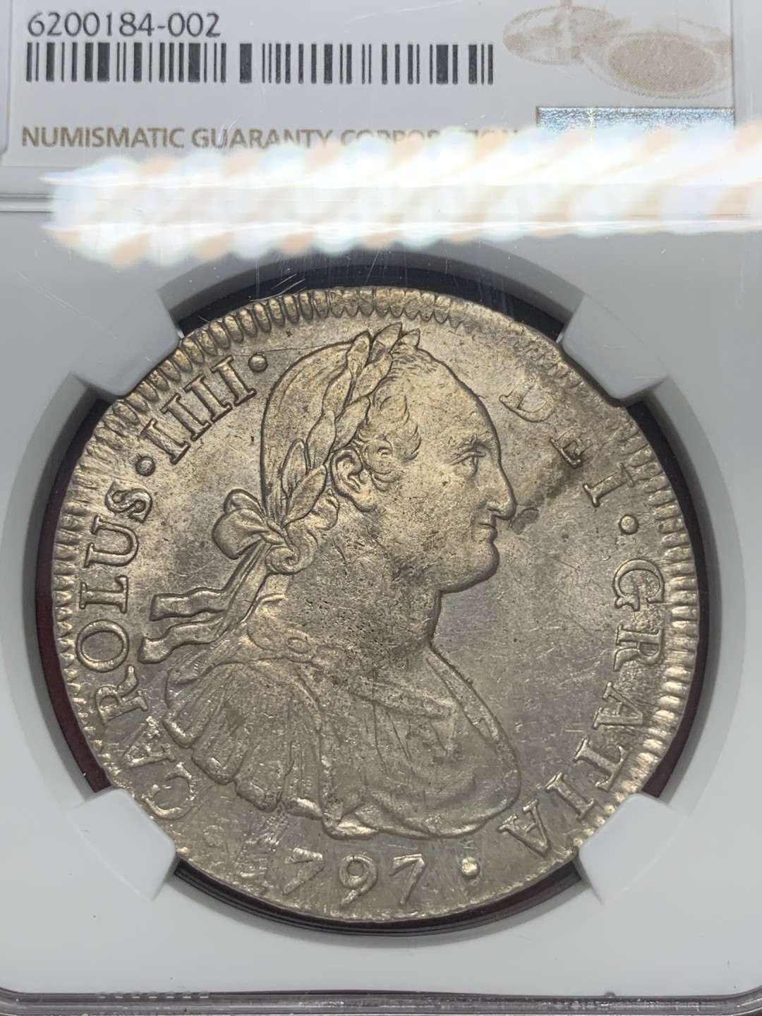 《竞宝斋》第67场-本周日，周一，周四.3场连拍（全场不限金额包邮） NGC UNC细节评级 墨西哥 1797年 卡四双柱 8R银币 打制的很不错 细节见图