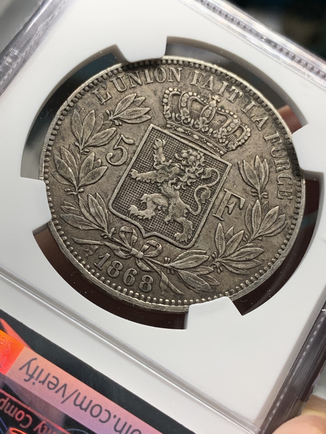 《竞宝斋》第67场-本周日，周一，周四.3场连拍（全场不限金额包邮） NGC AU50 比利时 1868年利奥波德二世五法郎银币 老包浆好品相
