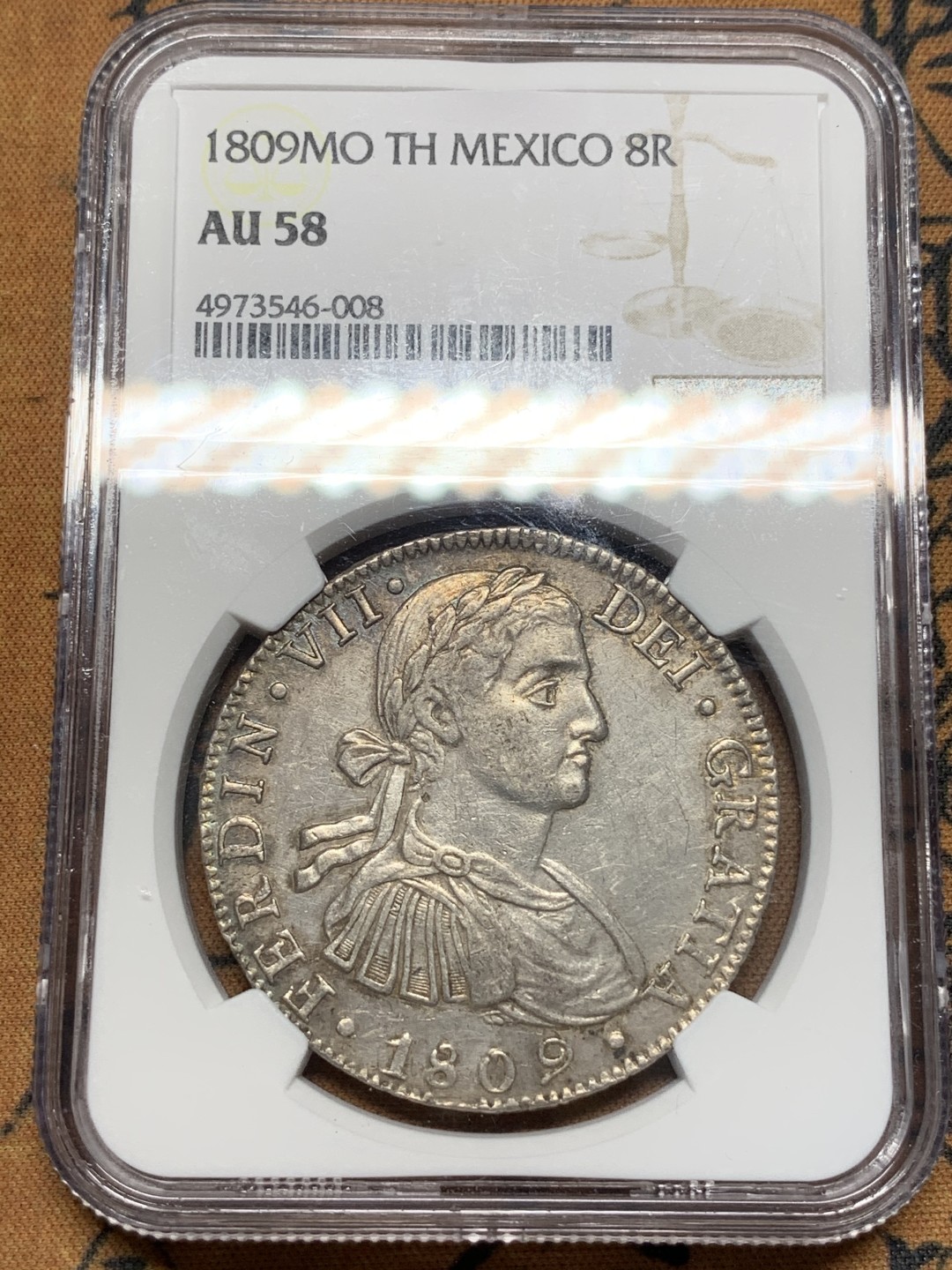 《竞宝斋》第67场-本周日，周一，周四.3场连拍（全场不限金额包邮） NGC AU58 西属 墨西哥1809年 费七 8瑞尔 大银币 脸上的婴儿肥还在 正反全深打 很不错