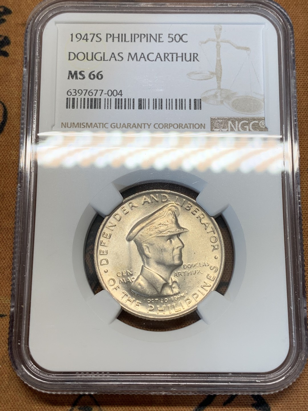 《竞宝斋》第67场-本周日，周一，周四.3场连拍（全场不限金额包邮） NGC-MS66菲律宾1947年马克阿瑟半比索大银币