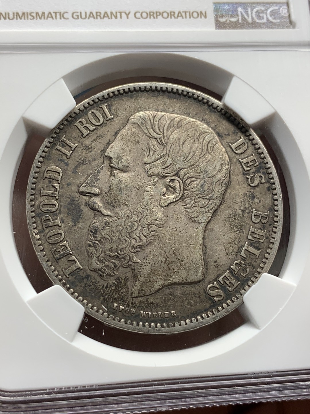 《竞宝斋》第67场-本周日，周一，周四.3场连拍（全场不限金额包邮） NGC AU50 比利时 1868年利奥波德二世五法郎银币 老包浆好品相
