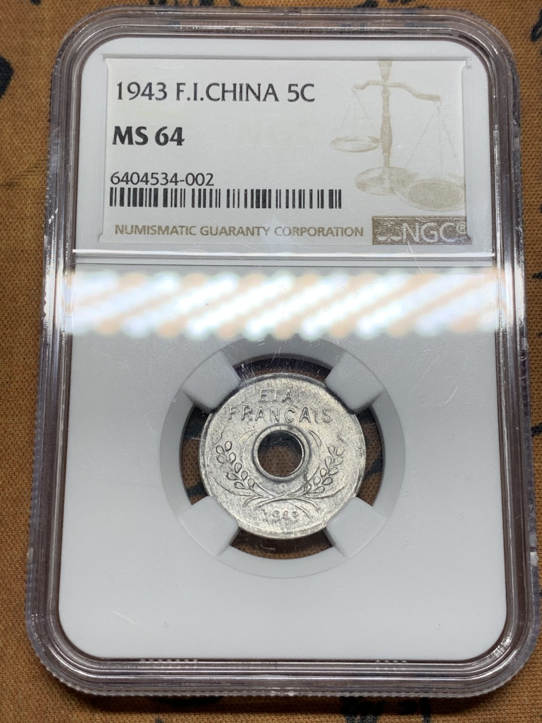 《竞宝斋》第67场-本周日，周一，周四.3场连拍（全场不限金额包邮） NGC-MS64 法国印度支那 1943年 5分 铝币 也是属于坐洋系列晚期的一个辅币
