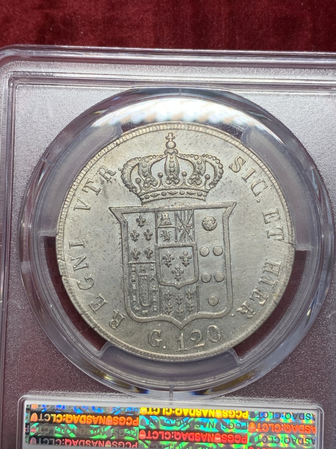 《竞宝斋》第67场-本周日，周一，周四.3场连拍（全场不限金额包邮） PCGS AU 意大利 1856年 那不勒斯 120G 银币  实物状态好 减重痕迹轻微 全深打干干净净