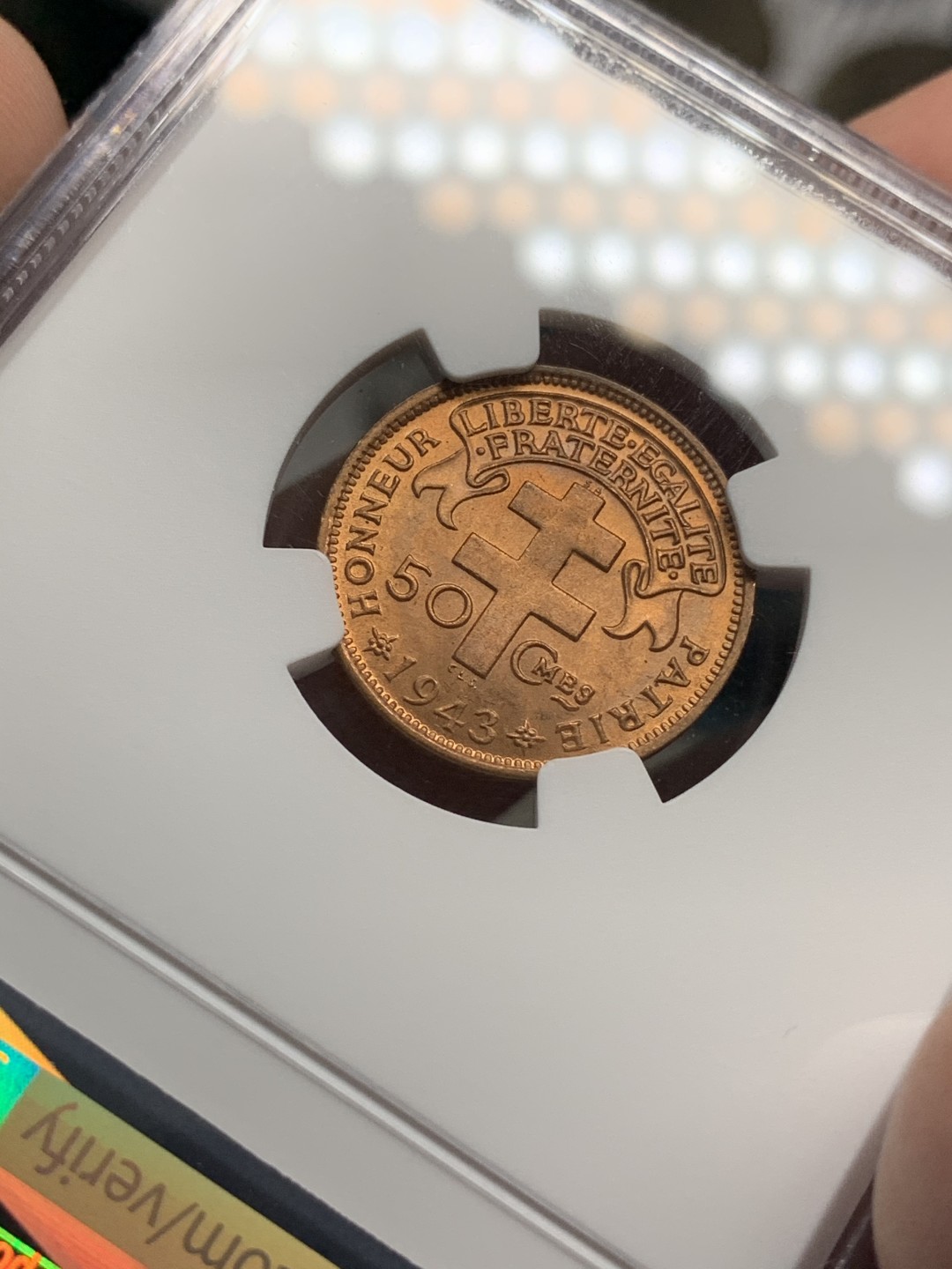 《竞宝斋》第67场-本周日，周一，周四.3场连拍（全场不限金额包邮） NGC MS64RB 喀麦隆 1943年 50分 铜币 RB状态 非常难得