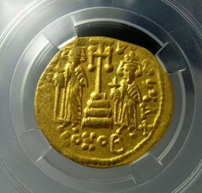 拜占庭索利多金币.少见君士坦丁四世和2个幼弟.众诚评级MS60