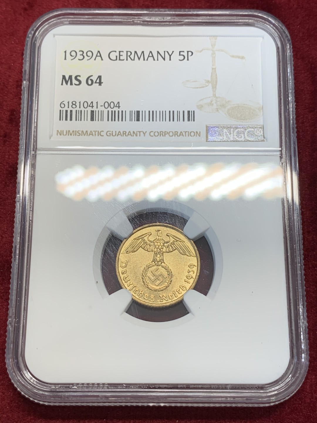《竞宝斋》第67场-本周日，周一，周四.3场连拍（全场不限金额包邮） NGC MS64 1939A 德意志帝国5芬尼 流光溢彩 高分难得