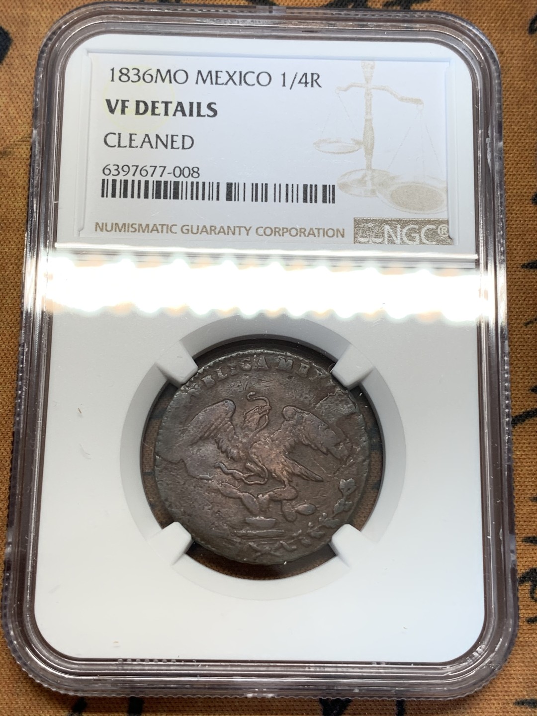 《竞宝斋》第67场-本周日，周一，周四.3场连拍（全场不限金额包邮） NGC-VFD墨西哥1836年1/4R铜币