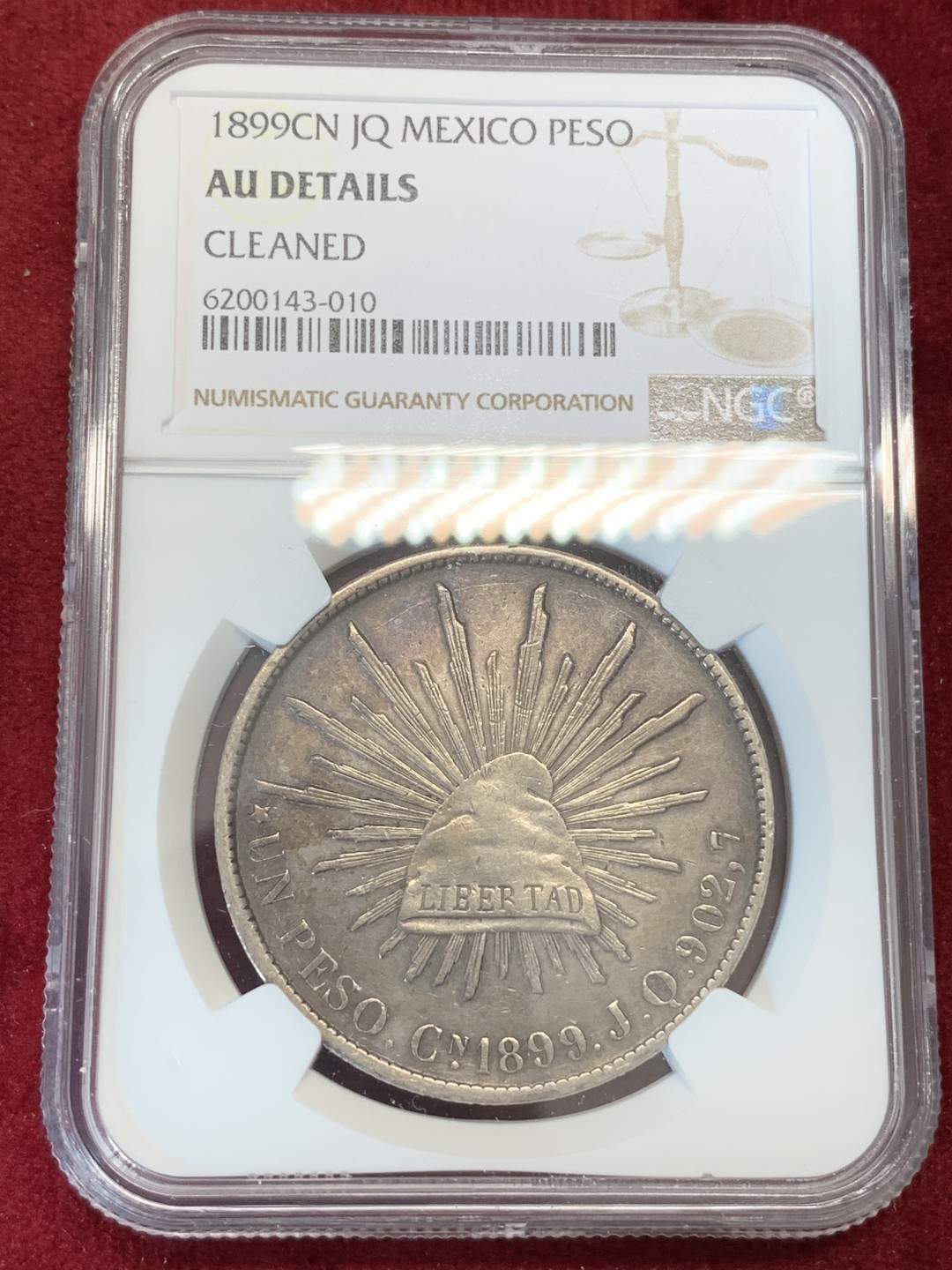 《竞宝斋》第67场-本周日，周一，周四.3场连拍（全场不限金额包邮） NGC AU细节评级 墨西哥 1899年 CN JQ 直边鹰洋 银币 状态不错 慢慢岁月的痕迹