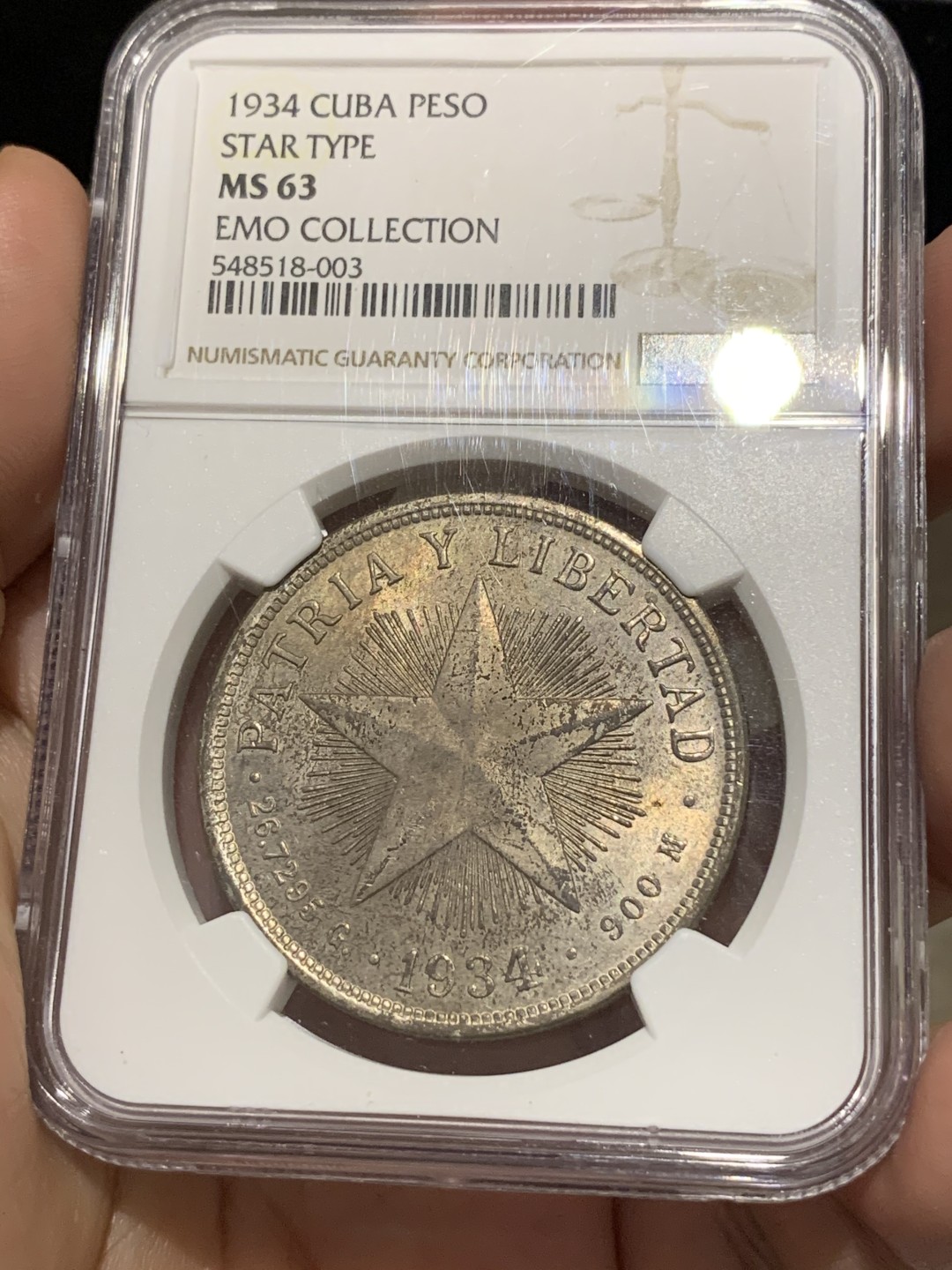 《竞宝斋》第67场-本周日，周一，周四.3场连拍（全场不限金额包邮） NGC-MS63 古巴1934年 五星银币 1比索 名家旧藏 老包浆 原光原味 很难得