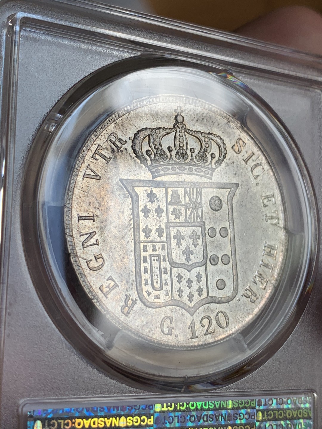 《竞宝斋》第67场-本周日，周一，周四.3场连拍（全场不限金额包邮） PCGS AU 意大利 1856年 那不勒斯 120G 银币  实物状态好 减重痕迹轻微 全深打干干净净