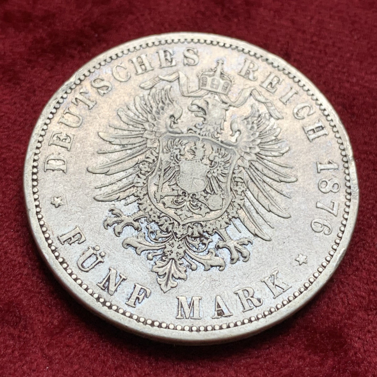 《竞宝斋》第67场-本周日，周一，周四.3场连拍（全场不限金额包邮） 德国 普鲁士 1876年 威廉一世 短翅5马克大银币