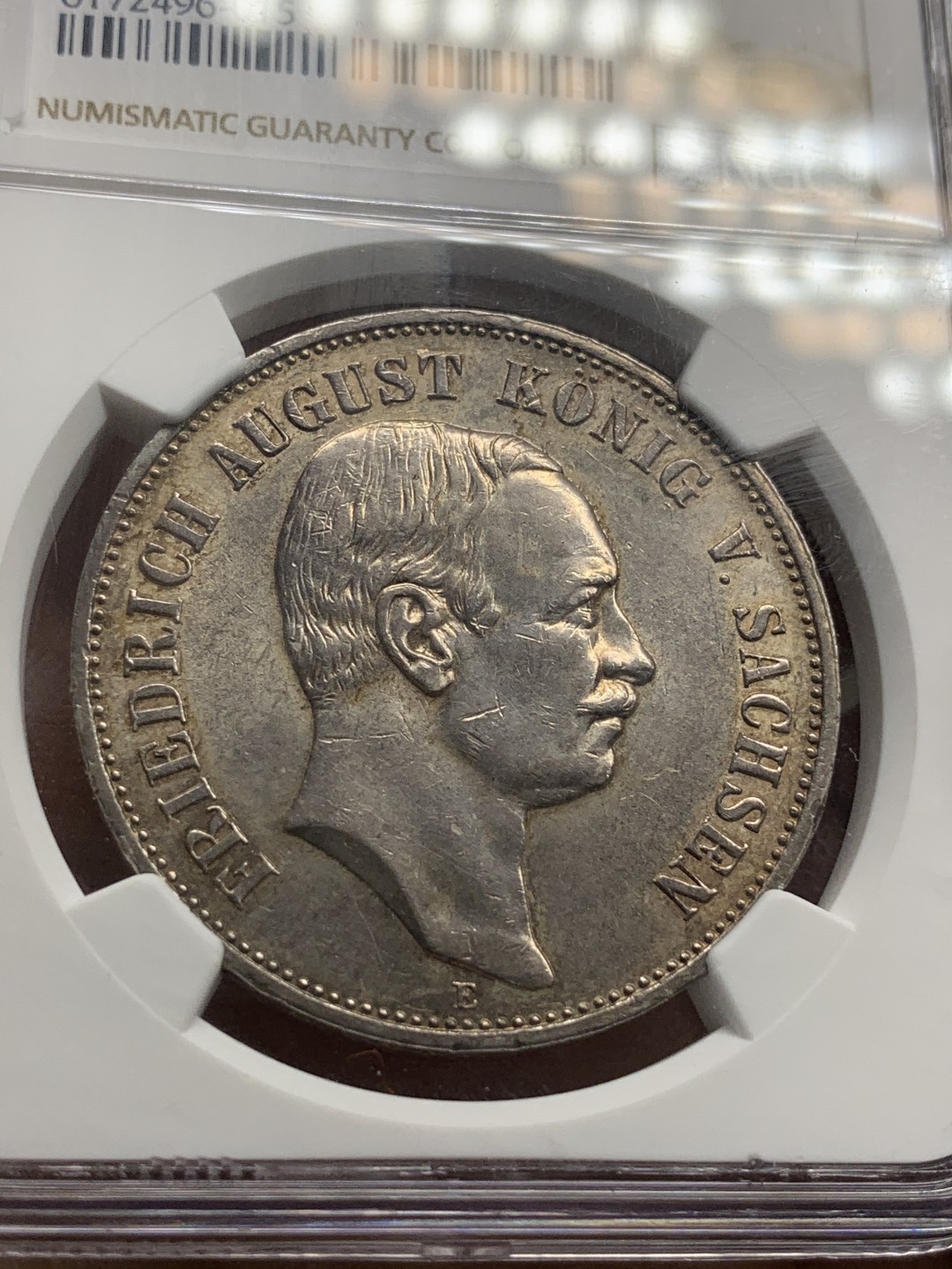 《竞宝斋》第67场-本周日，周一，周四.3场连拍（全场不限金额包邮） NGC UNC 德国 1914年 萨克森 5马克 银币 双面淡彩包浆 细节很不错