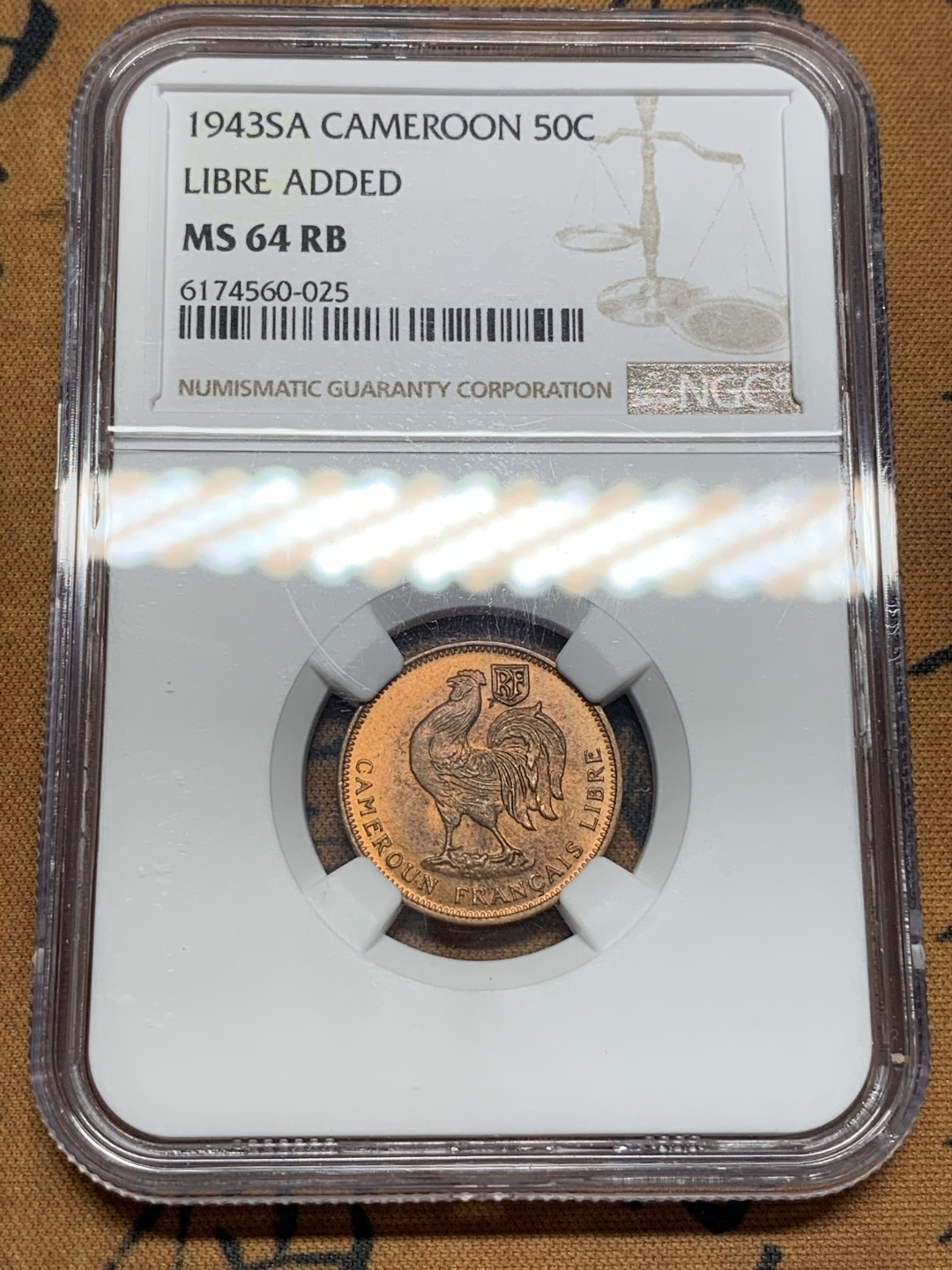 《竞宝斋》第67场-本周日，周一，周四.3场连拍（全场不限金额包邮） NGC MS64RB 喀麦隆 1943年 50分 铜币 RB状态 非常难得