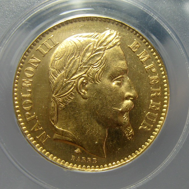 拿破仑三世20法郎金币.法国金币.1868A,6.45g.公博评级MS63