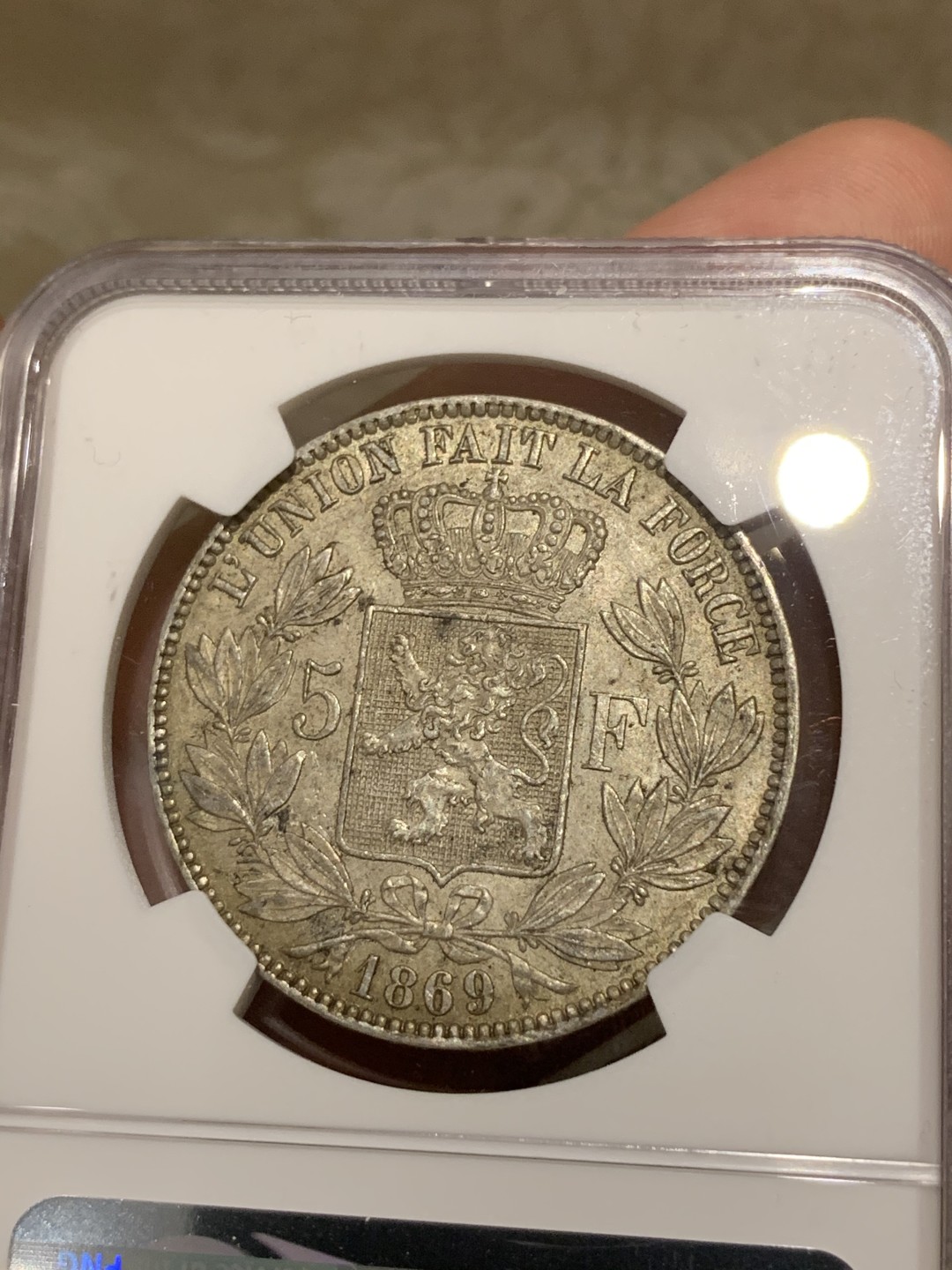 《竞宝斋》第67场-本周日，周一，周四.3场连拍（全场不限金额包邮） NGC-MS62 比利时 1869年 利奥波得二世 5法郎大银币 原味好品 算是比较早的年份 难得
