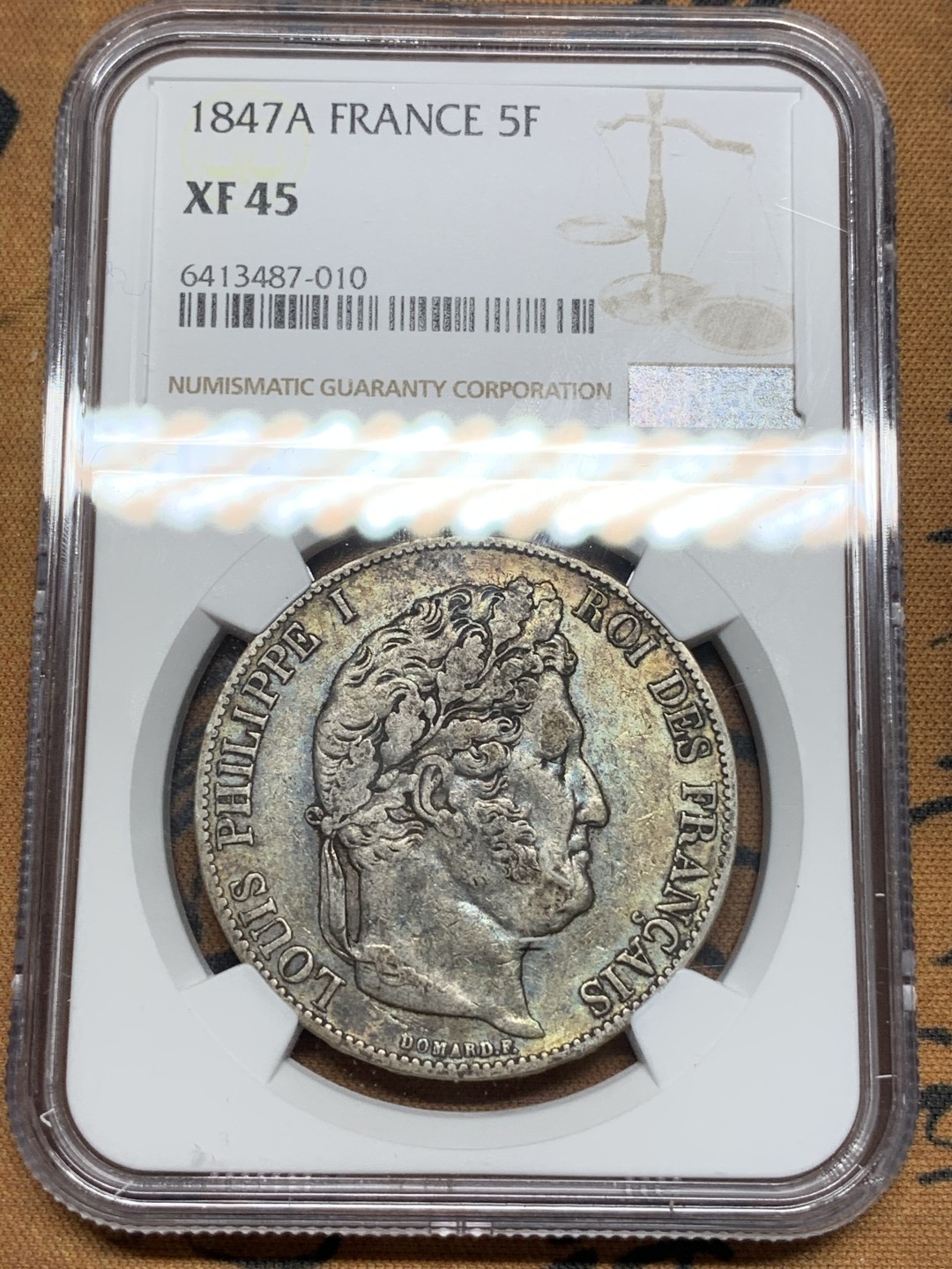《竞宝斋》第67场-本周日，周一，周四.3场连拍（全场不限金额包邮） NGC XF45 法国 1847年菲利普一世五法郎银币 五彩老包浆好品相
