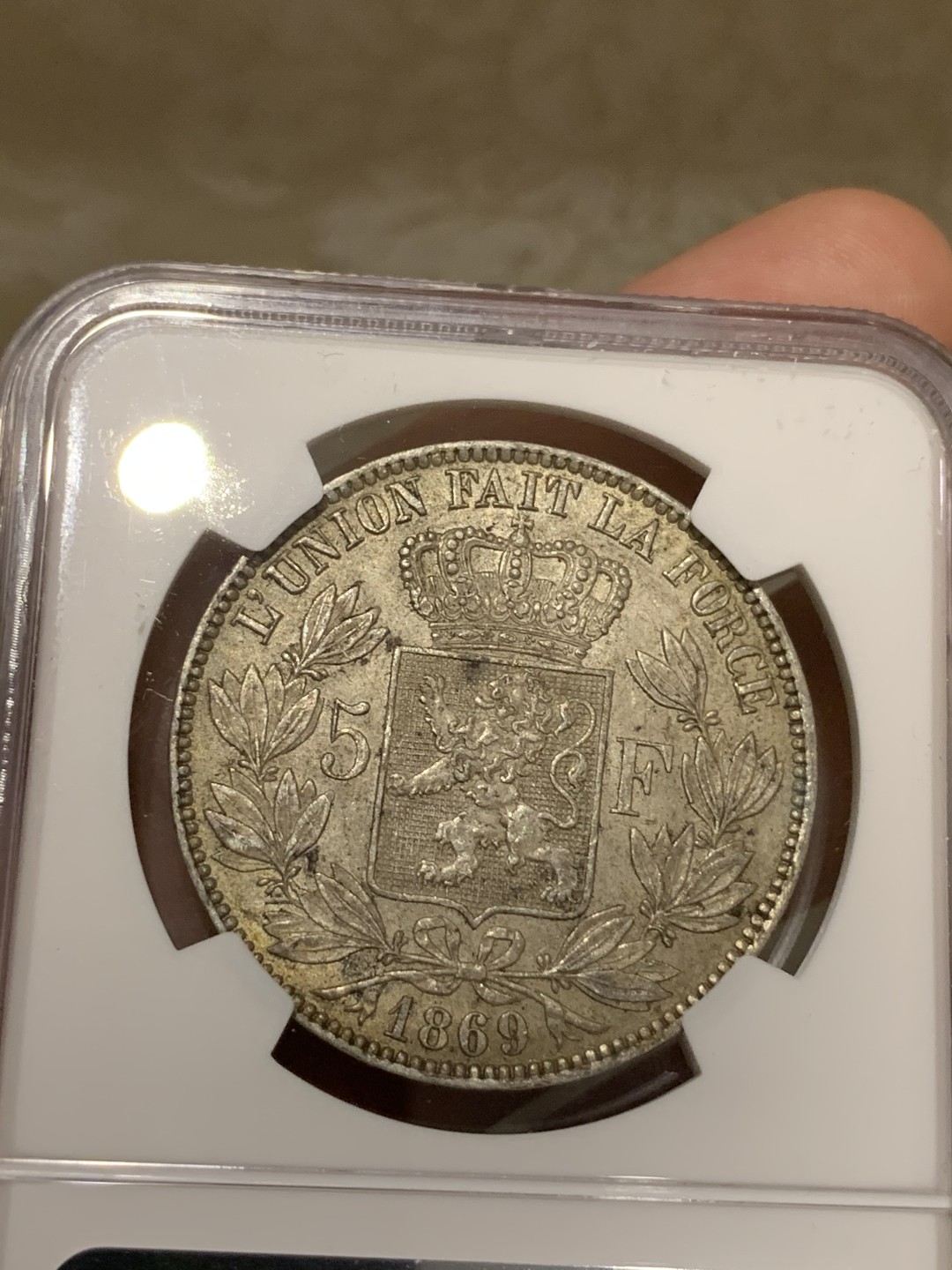 《竞宝斋》第67场-本周日，周一，周四.3场连拍（全场不限金额包邮） NGC-MS62 比利时 1869年 利奥波得二世 5法郎大银币 原味好品 算是比较早的年份 难得
